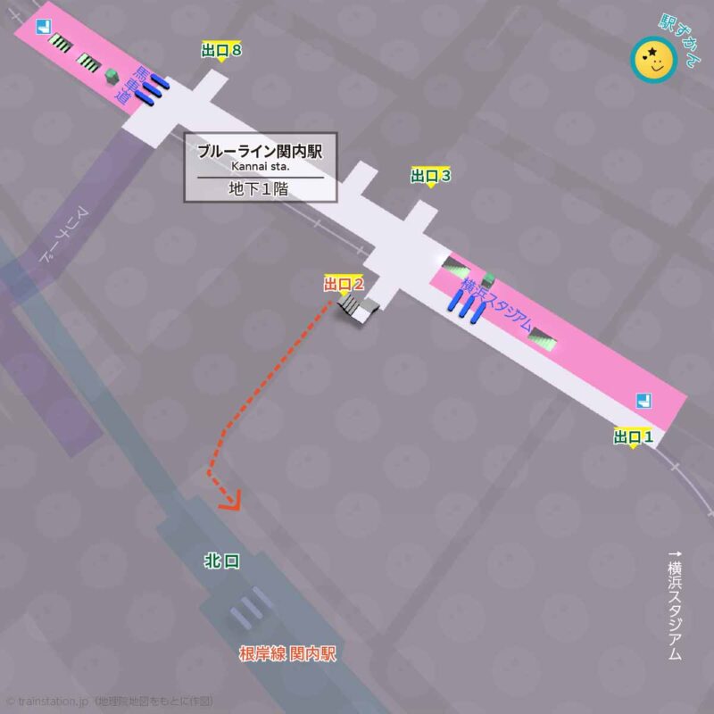 地下鉄ブルーライン関内駅構内図と周辺地図