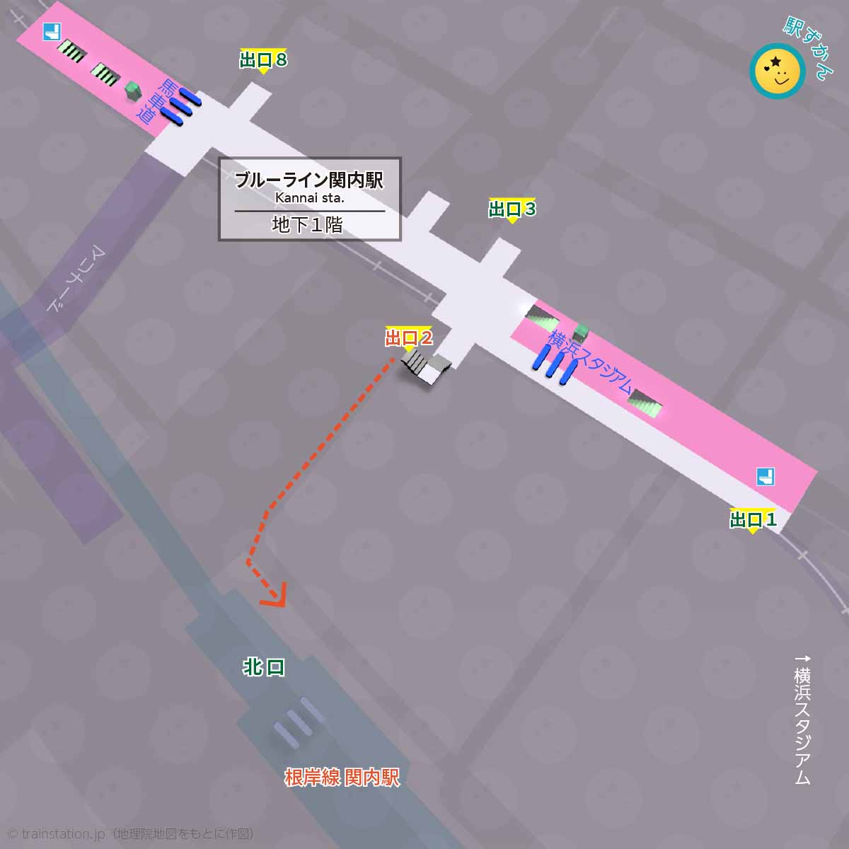 地下鉄ブルーライン関内駅構内図と周辺地図