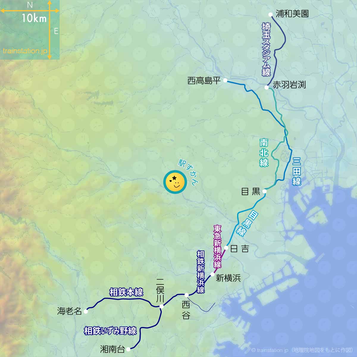 相鉄線,目黒線,三田線・南北線の直通路線図と地形地図