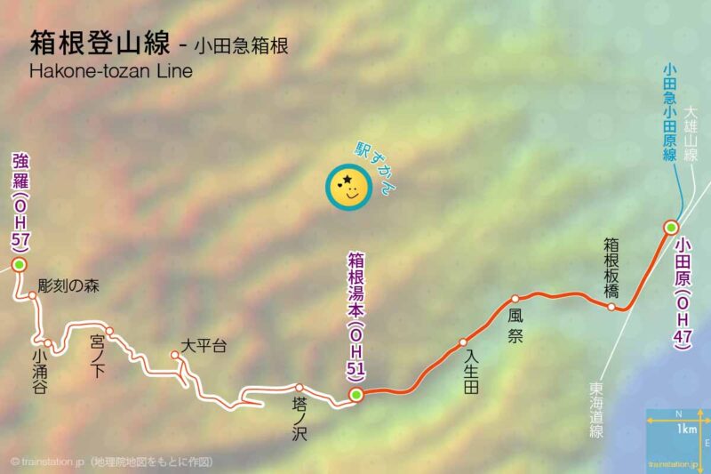 箱根登山線の路線図と地形地図