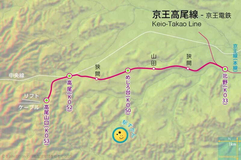 京王高尾線路線図と地形地図