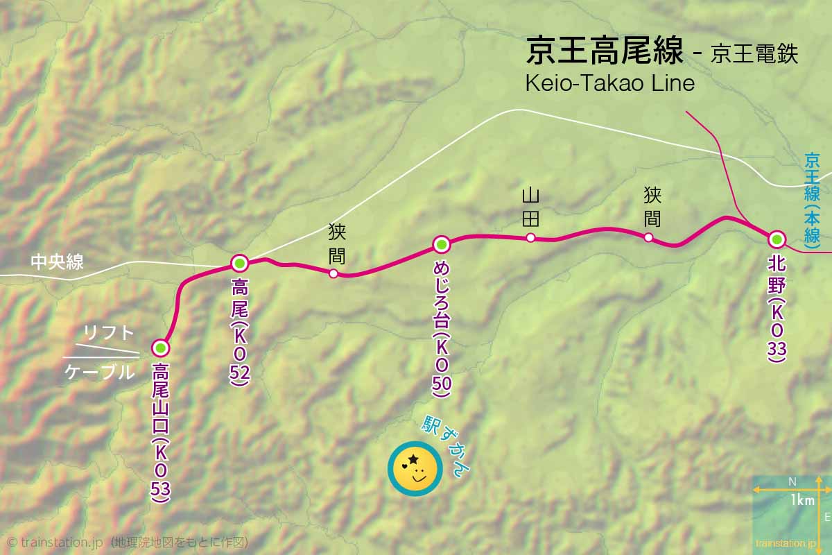 京王高尾線路線図と地形地図