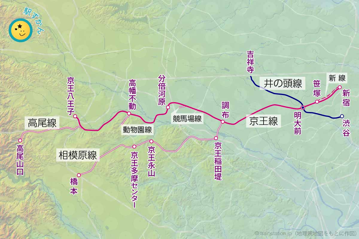京王線,京王電鉄 全線の路線図と地形マップ