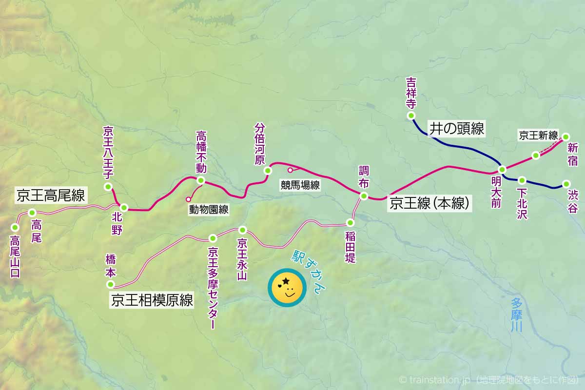 京王線路線図,地形地図に京王電鉄の全路線