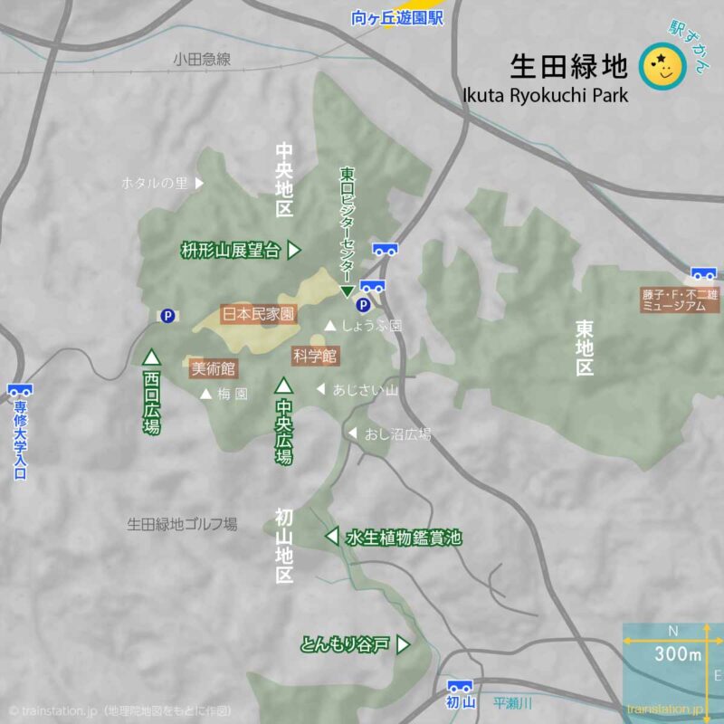 生田緑地と周辺の地図,向ヶ丘遊園駅,枡形山展望台