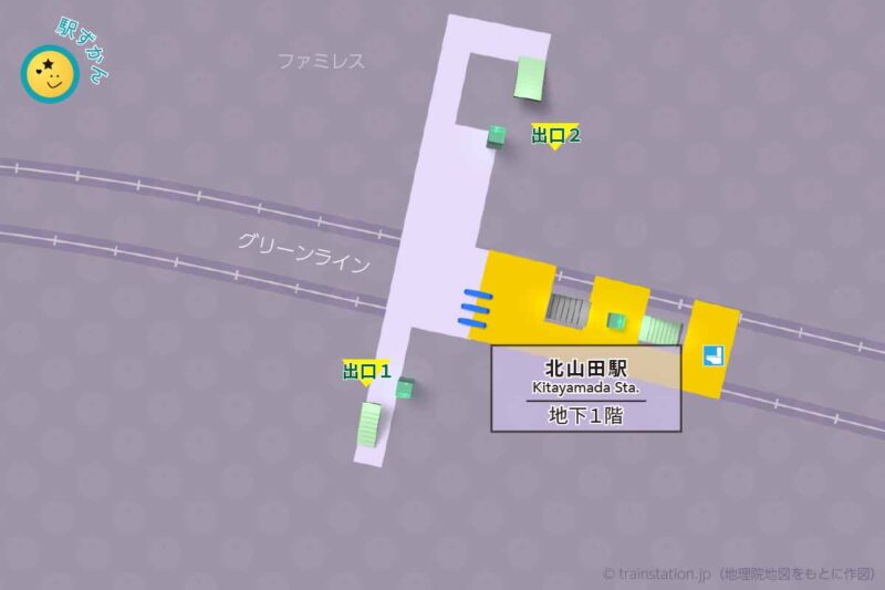 北山田駅構内図（横浜市営地下鉄グリーンライン）と周辺地図