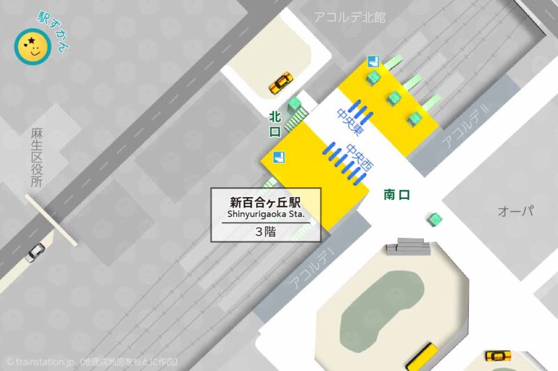 新百合ヶ丘駅構内図と周辺地図,麻生区役所ほか