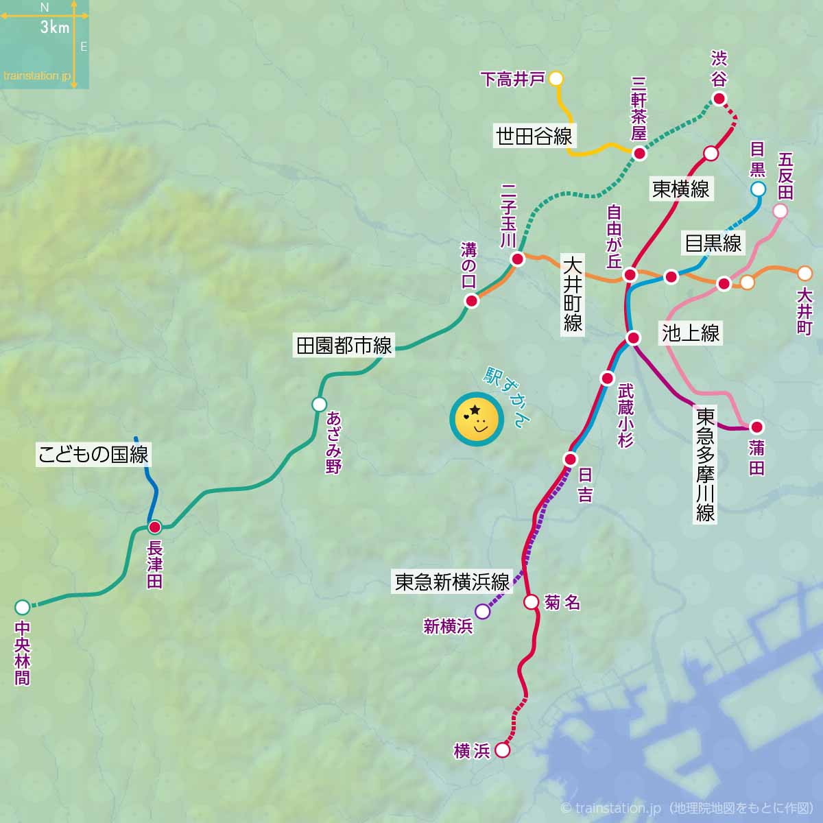 東急線路線図,地形地図に東急電鉄の路線