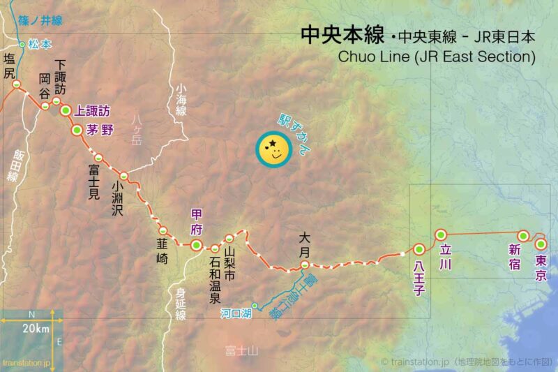 中央本線路線図と地形地図（中央東線：東京駅〜塩尻駅）