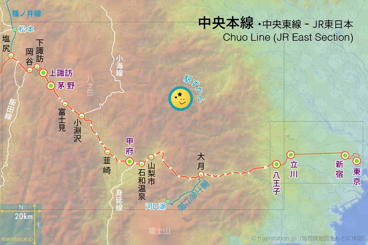 中央本線路線図と地形地図(中央東線:東京駅〜塩尻駅)
