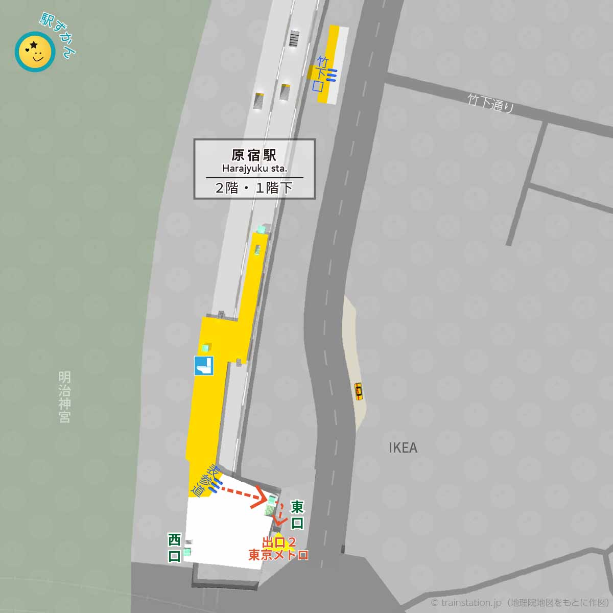 原宿駅構内図と周辺地図