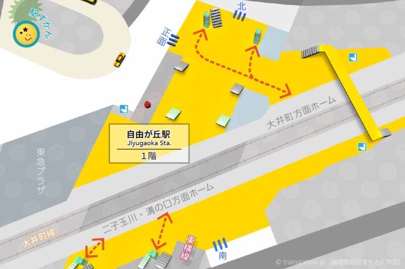 自由が丘駅構内図と周辺地図（東横線・大井町線）