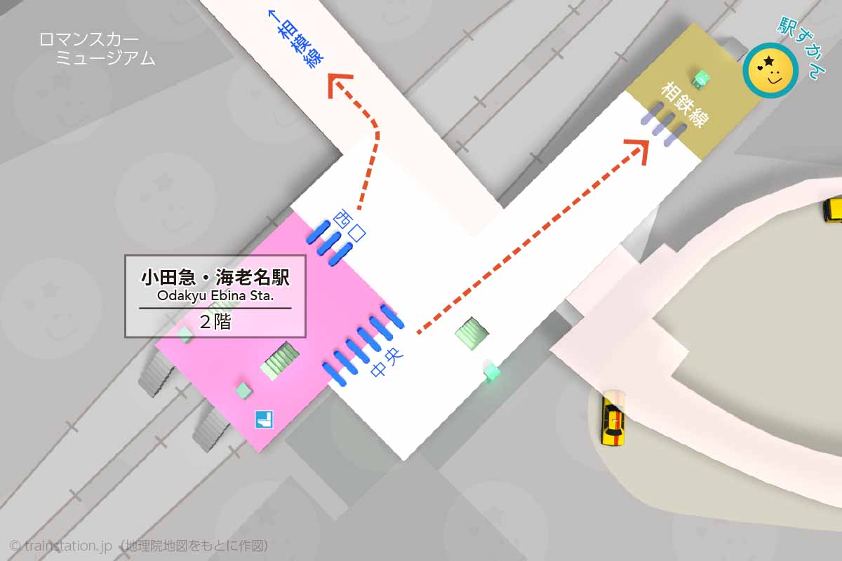 小田急・海老名駅構内図と周辺地図、相鉄線乗り換えルート