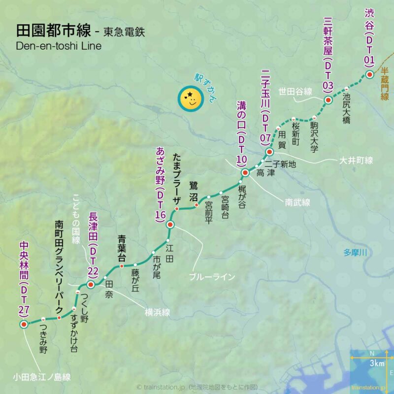田園都市線路線図と地形地図