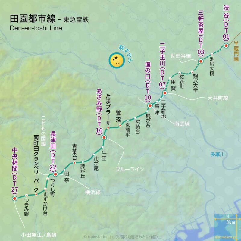 田園都市線路線図と地形地図,東急電鉄