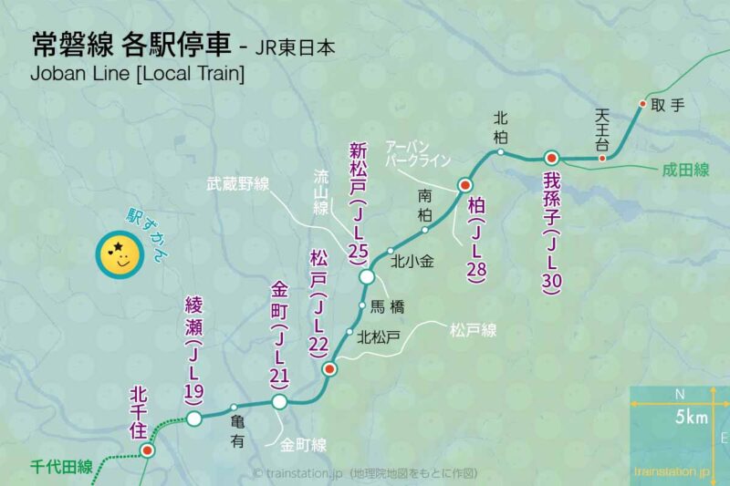 常磐線各駅停車の路線図と地形地図