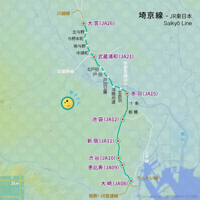 埼京線路線図と地形地図