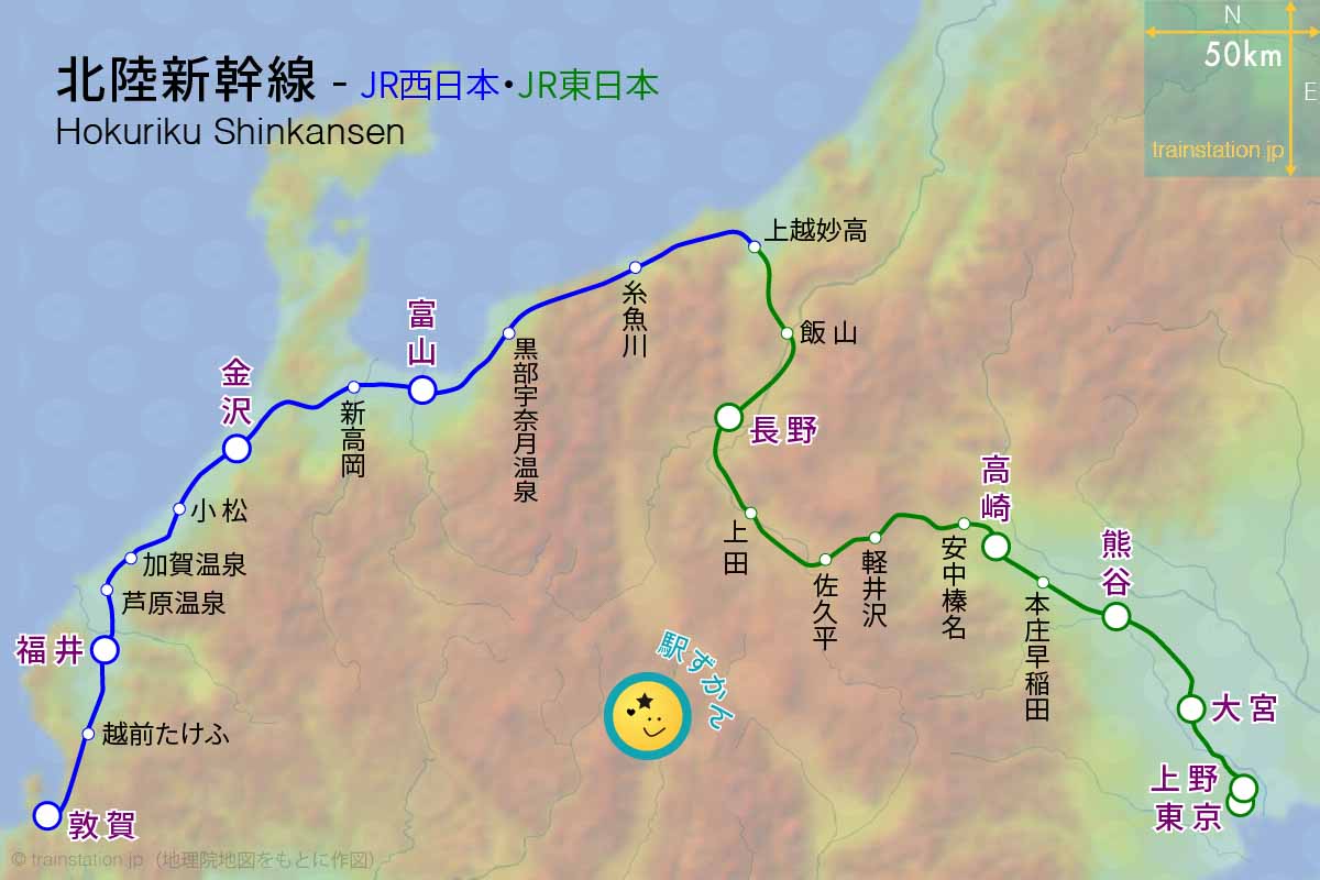 北陸新幹線路線図と地形地図