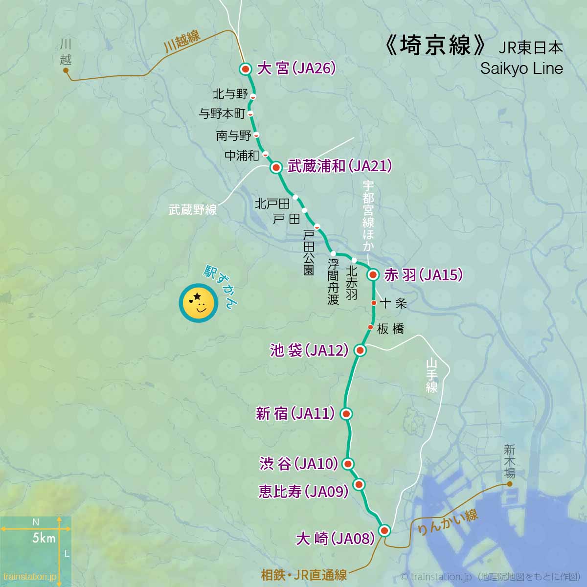 埼京線路線図（JR東日本）と地形地図(川越線・りんかい線直通)
