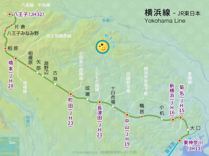 横浜線路線図（JR東日本）と地形地図