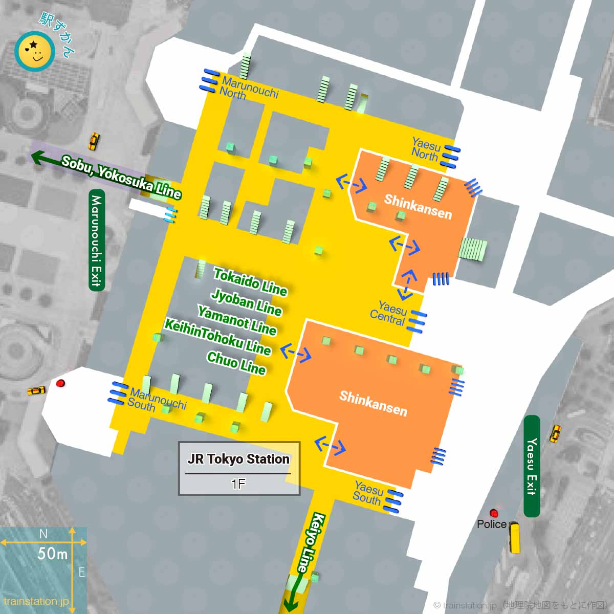 Map: JR Tokyo Station – 1st Floor and Surrounding Area