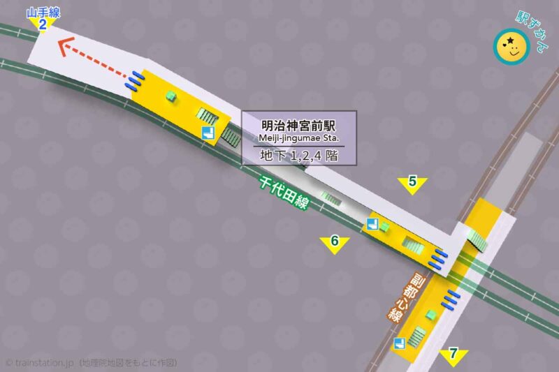 明治神宮前駅の構内図と周辺マップ（千代田線・副都心線）