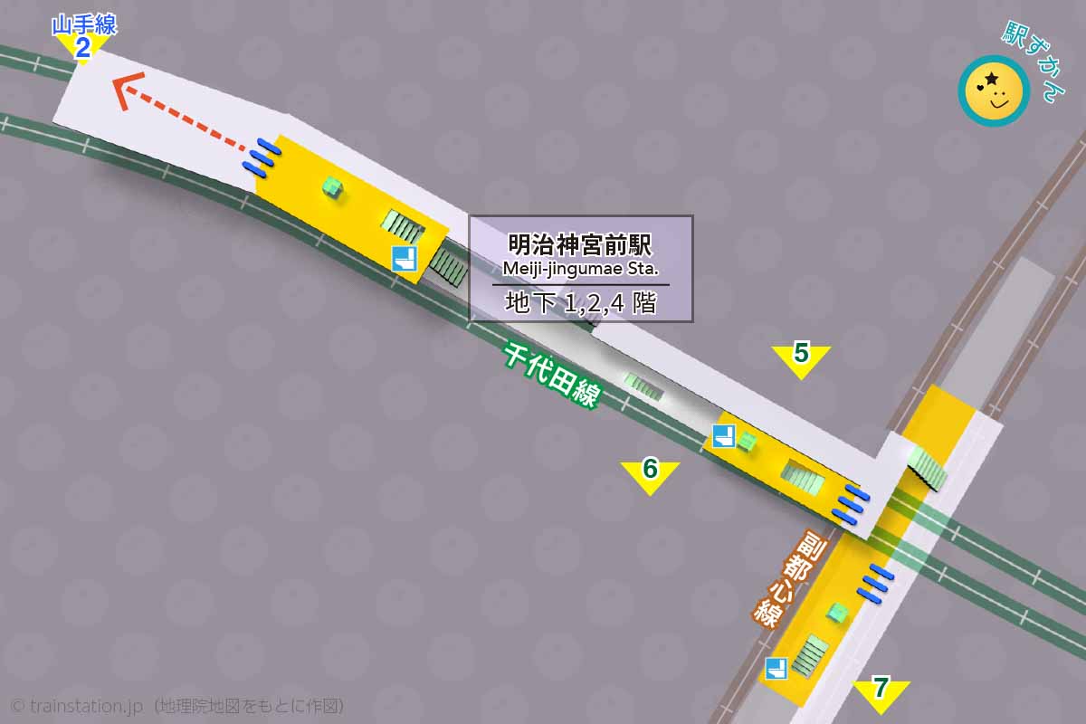 明治神宮前駅の構内図と周辺マップ(千代田線・副都心線)