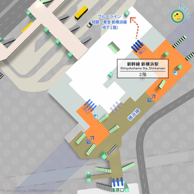 新横浜駅構内図,新幹線乗り場と周辺地図