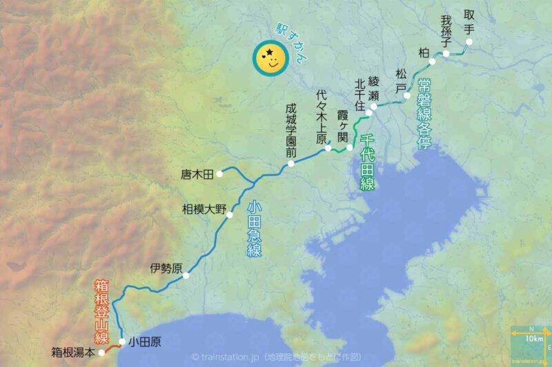 小田急線,千代田線,常磐線各停ほか直通路線図と地形地図