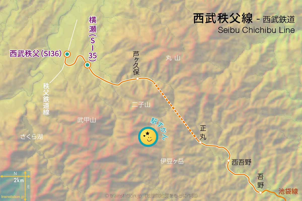 西武秩父線の路線図と地形地図と登山人気の山