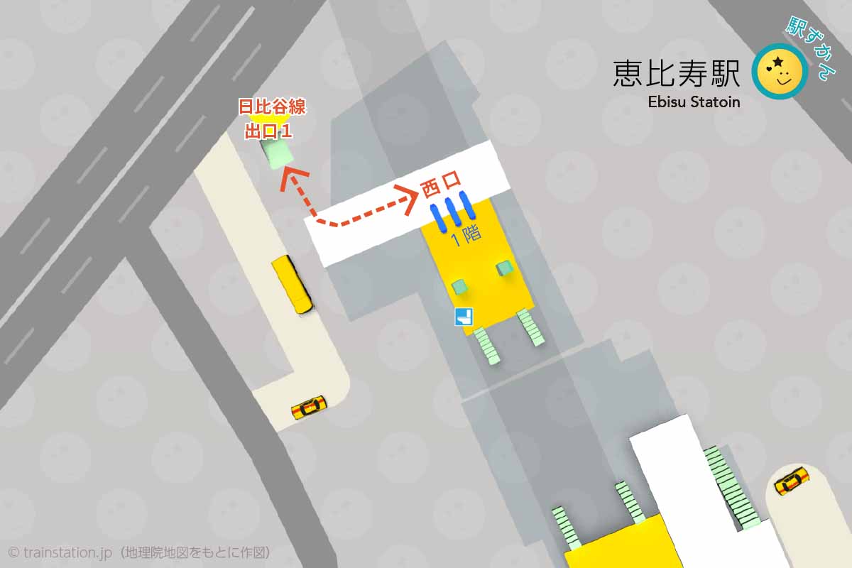 恵比寿駅 JRと地下鉄の乗り換えルートマップ