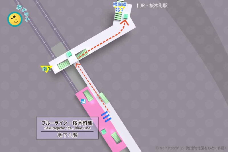 桜木町駅構内図（市営地下鉄ブルーライン）と周辺地図