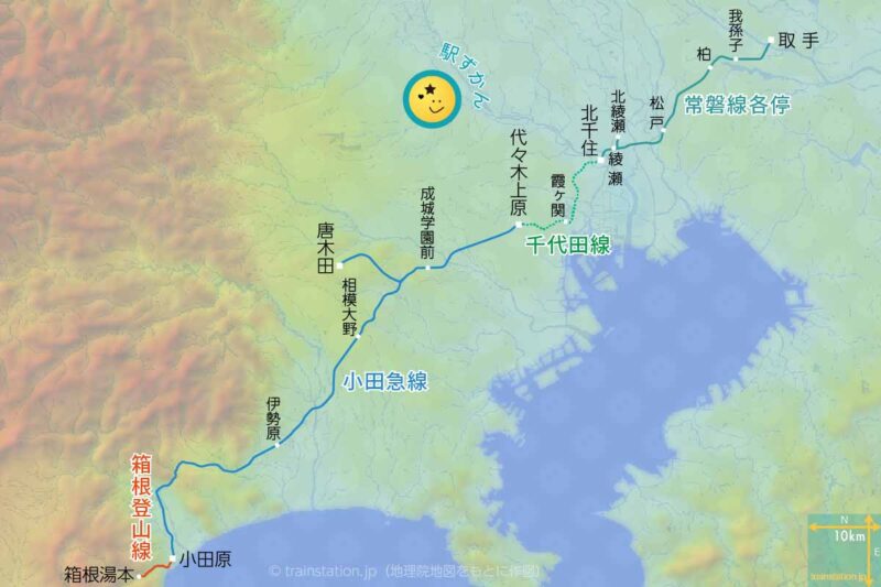 箱根登山線⇔小田急線⇔千代田線⇔常磐線各停の路線図と地形地図