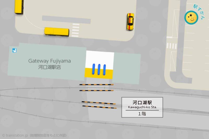 河口湖駅構内図と周辺地図（富士急行線）