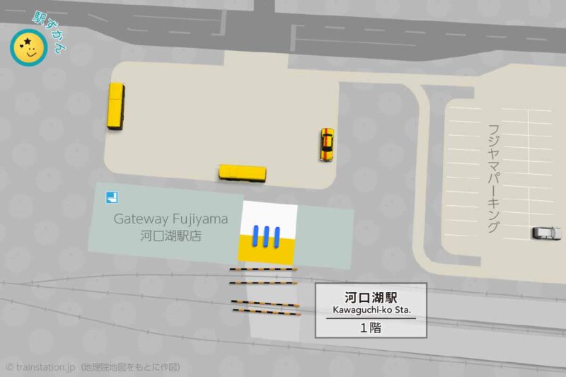河口湖駅構内図と周辺地図（富士急行線）