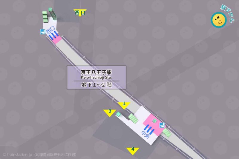 京王八王子駅構内図（京王線）と周辺地図
