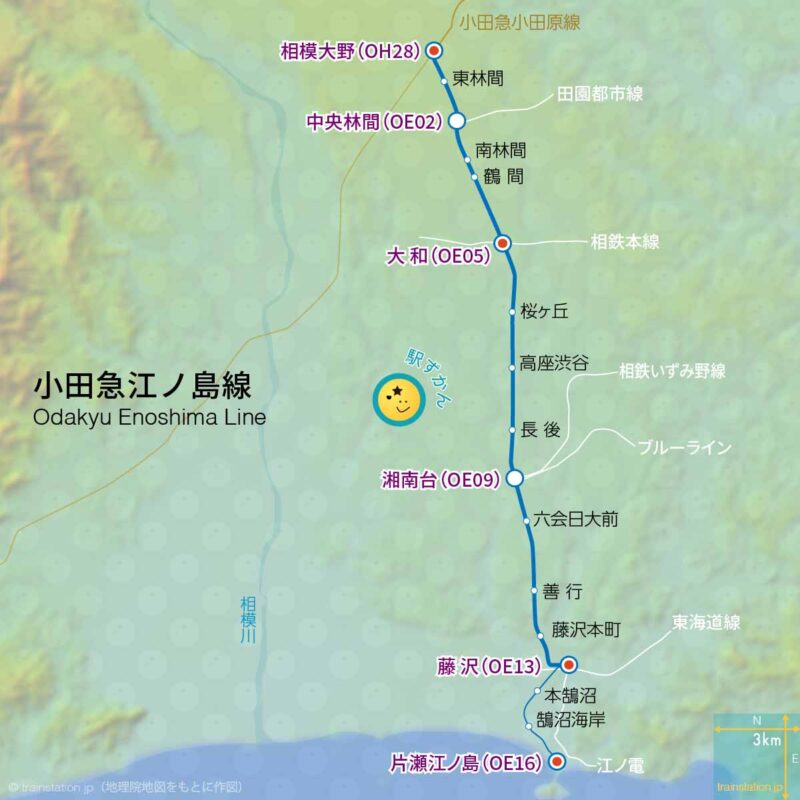 小田急江ノ島線路線図と地形マップ（小田急線）