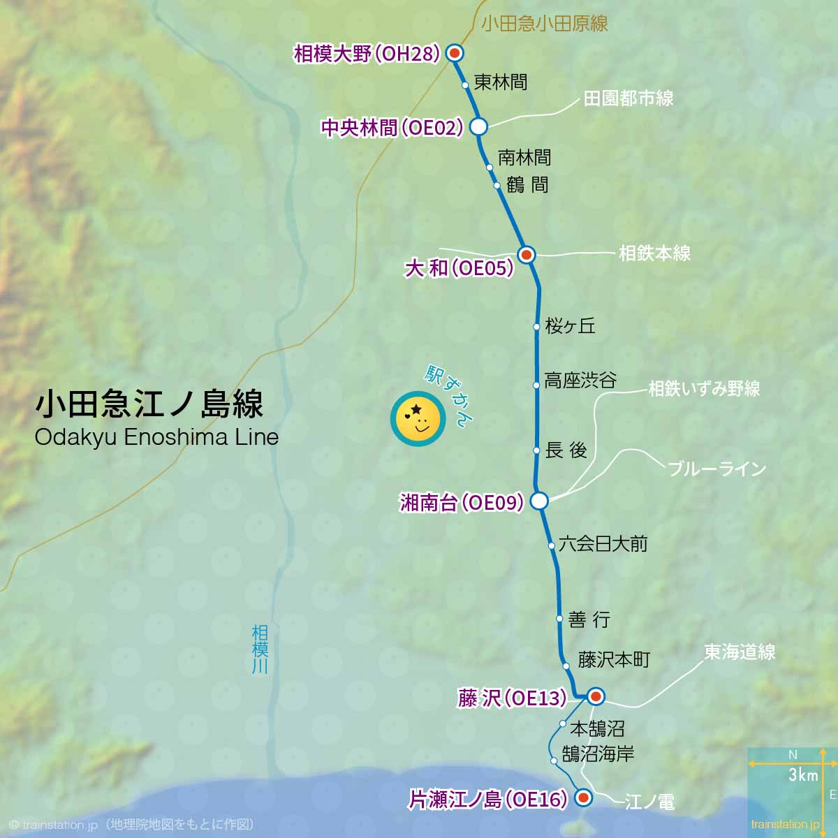 小田急江ノ島線路線図と地形マップ(小田急線)