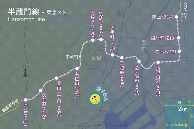 半蔵門線路線図と地形地図