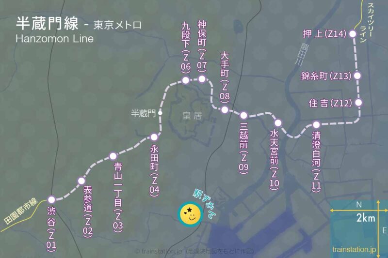 半蔵門線路線図と地形地図