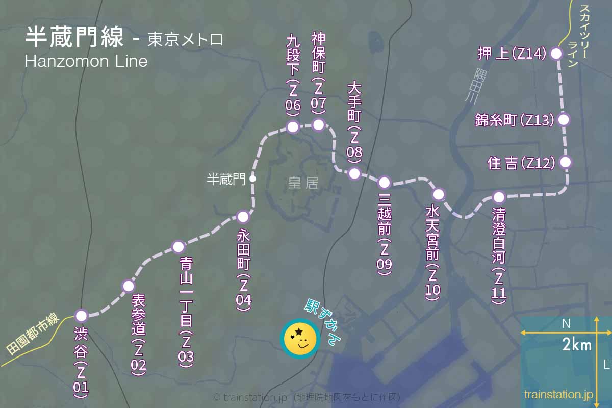 半蔵門線路線図と地形地図