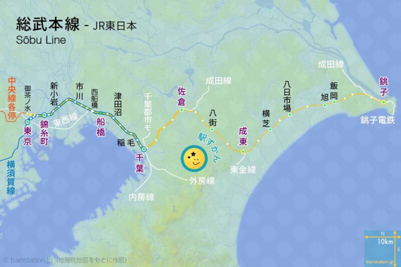 総武本線路線図と地形地図