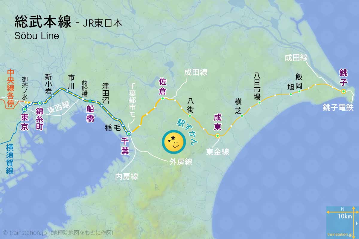 総武本線路線図と地形地図