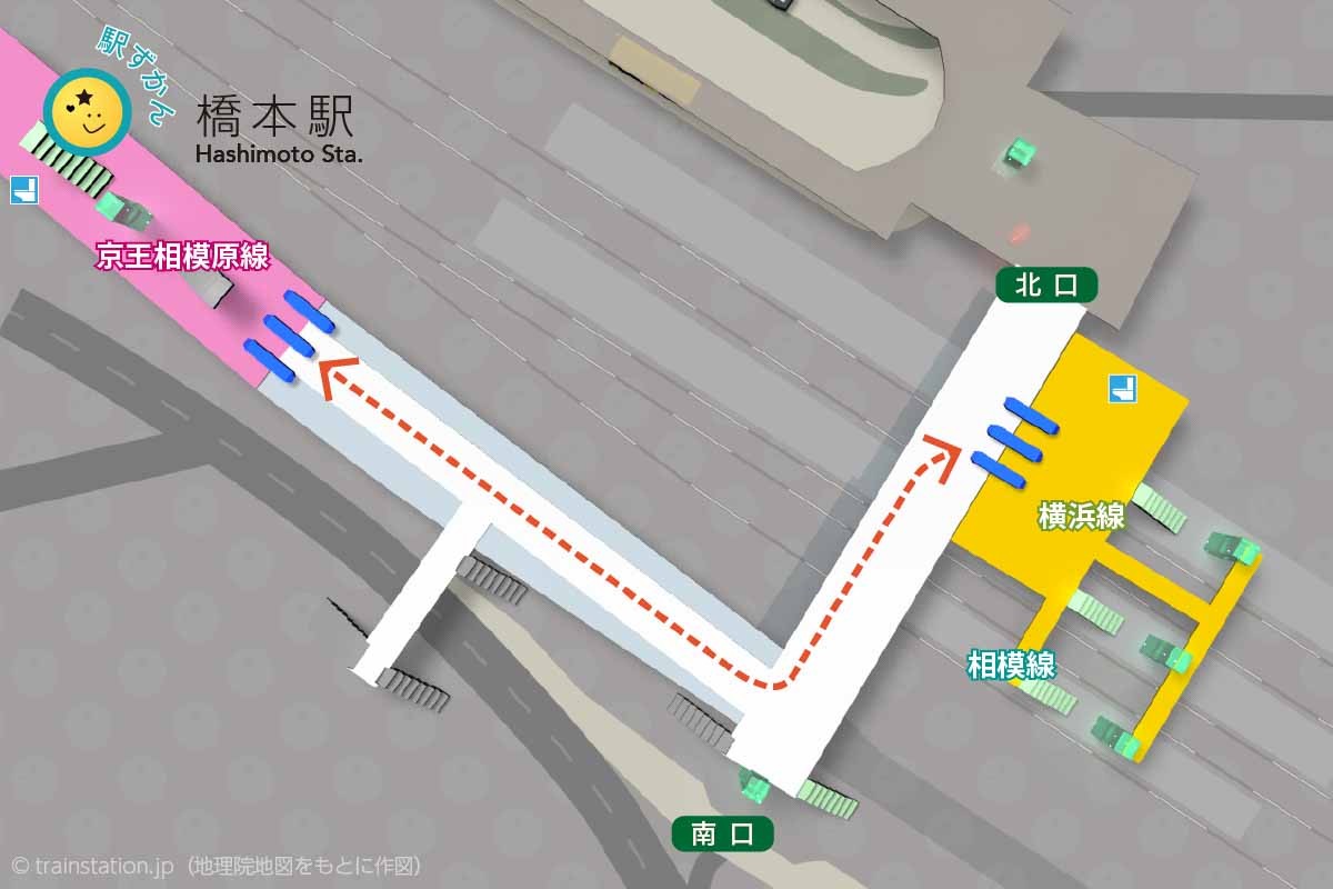 橋本駅の京王線とJR線の乗り換えルートマップ