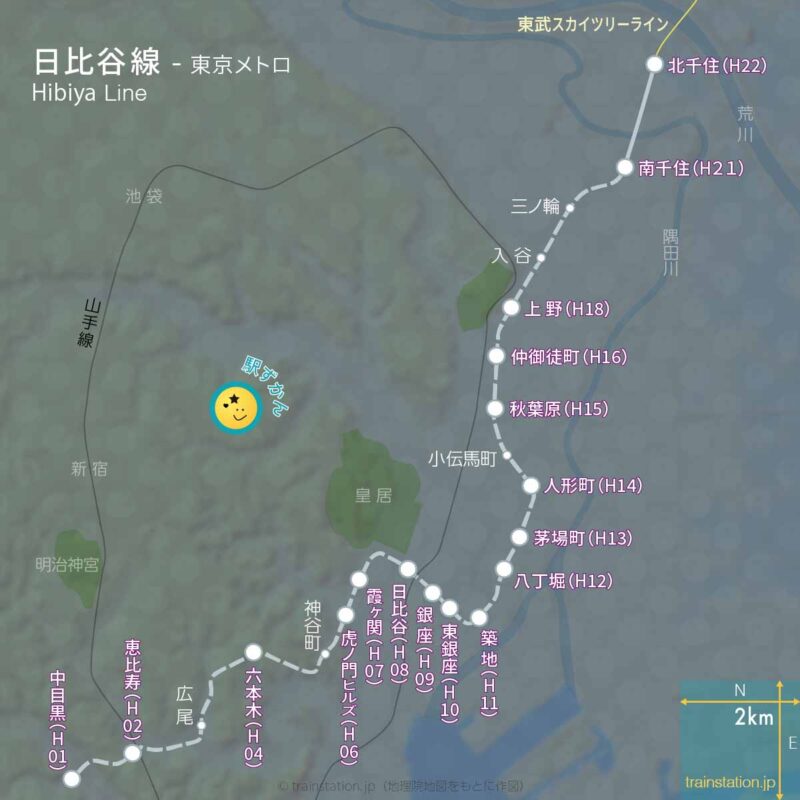 日比谷線路線図と周辺地図
