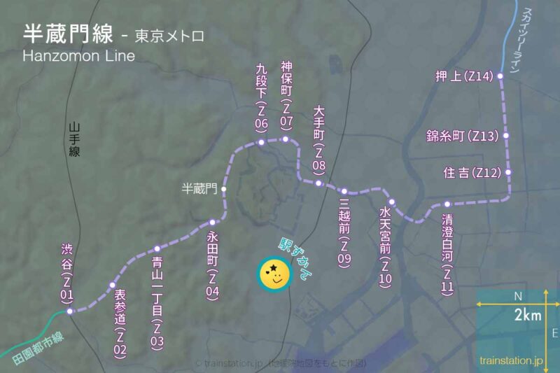 半蔵門線路線図（東京メトロ）と地形地図