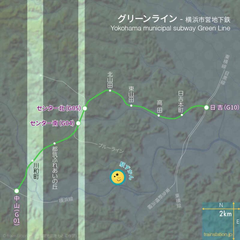 グリーンライン路線図（横浜市営地下鉄）と地形地図