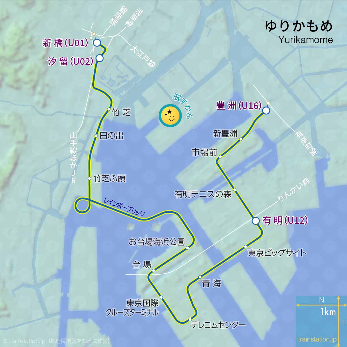ゆりかもめ路線図と地形地図