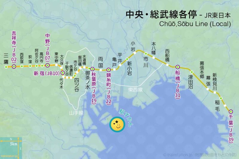 中央・総武線各停の路線図と地形地図