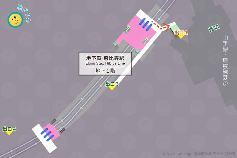 日比谷線 恵比寿駅構内図と周辺地図